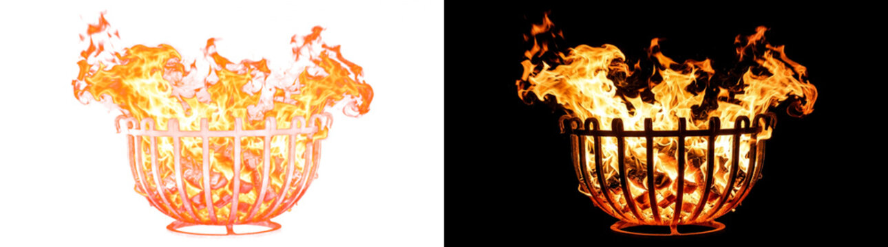 Circular Fire Basket with Roaring Flames Spilling Over Bar Rim Isolated Transparent Fire Overlay PNG