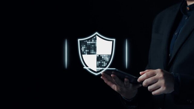 Modern digital security concept with a shield symbol, representing protection, technology, and cybersecurity in a dark environment with visual elements. Qubit