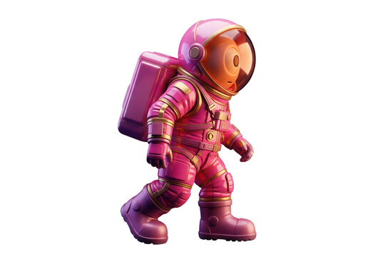 Personaje de astronauta de juguete en color rosa fucsia brillante con detalles dorados, caminando de perfil aislado sobre un fondo blanco.