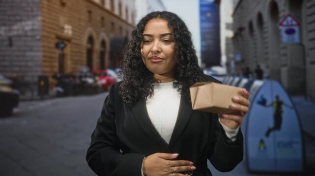 Woman holding takeaway box with one hand and other hand on stomach, standing in a narrow street; nausea food safety.