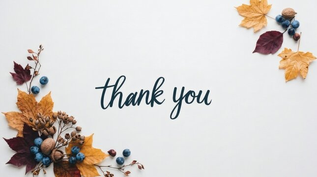 Express a heartfelt message with thank you written in elegant script typography, surrounded by autumn leaves, colorful berries, and natural botanical elements arranged on a clean white background