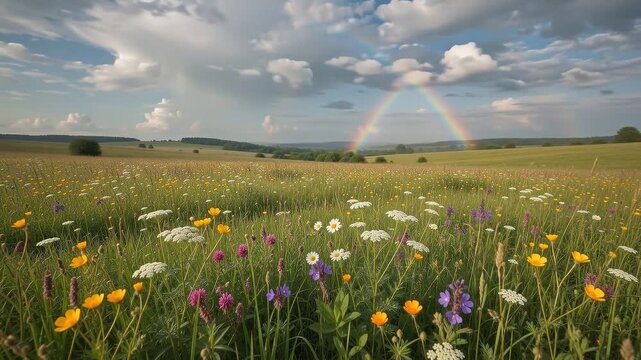 Vibrant summer meadow filled with wildflowers under a dramatic sky with a double rainbow