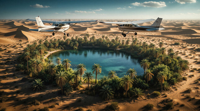 Two small planes fly over a desert oasis with a blue lake surrounded by palm trees. Sandy dunes stretch to the horizon under a cloudy sky. This provides travel adventure and nature themes.