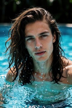 Young man with long wet hair emerges from swimming pool water. Water splashes onto his face, creating droplets. He looks directly into camera during summer day.