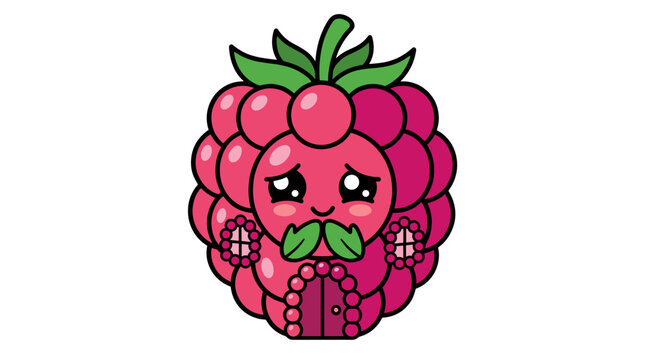 Cute cartoon raspberry character with a shy expression, designed as a whimsical house with a door and windows, flat design style.