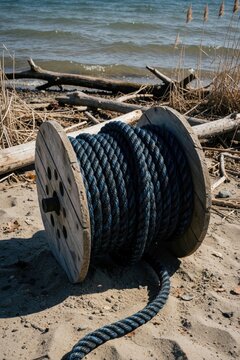 Large wooden spool with thick blue rope on sandy beach. Heavy nautical cord sits near river bank with dry wood, driftwood. Equipment for polar plunge event or marine work lies on shore by water edge.
