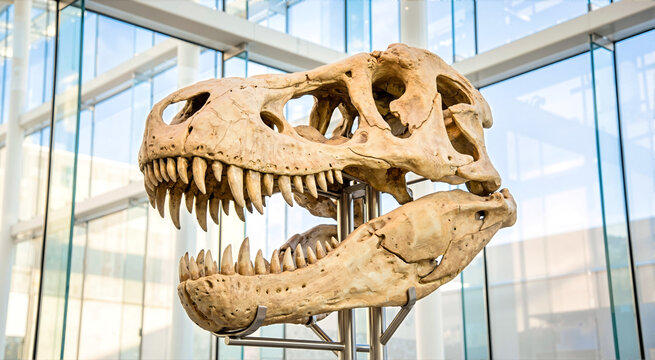 Fossilized Tyrannosaurus rex skull displayed on a metal stand in a bright modern museum atrium. Prehistoric dinosaur bone exhibit with sharp teeth