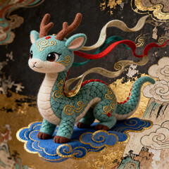 Fototapeta premium Cute Felt‑Craft Azure Dragon On Cloud Platform
