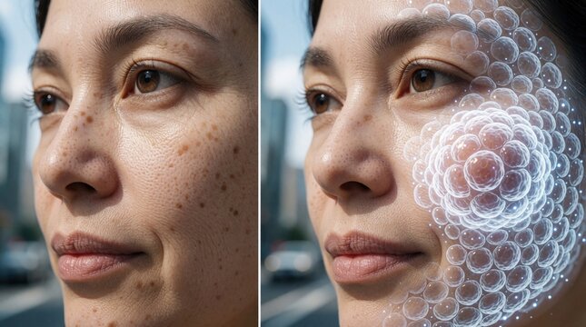 Split image shows woman face before and after exosome therapy. Left side reveals skin imperfections, right side shows cell regeneration. Scientific breakthrough for complexion improvement.