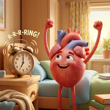 Animated heart character waking up to bedside alarm clock