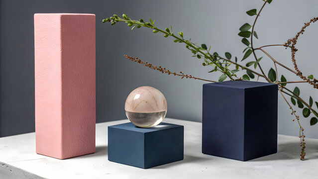 Minimalist still life with coral-purple prism, navy pedestal, and rose quartz sphere