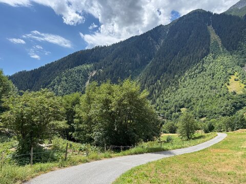 Summer atmosphere along the mountain road above the valley of Fieschertal in the Swiss Alps, Switzerland - Sommerliche Atmosph&auml;re entlang der Bergstrasse oberhalb des Fieschertals in den Alpen