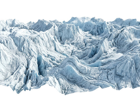Impresionante vista panor&aacute;mica de una superficie de glaciar con grietas profundas y formaciones de hielo azul y blanco, aislada sobre un fondo blanco puro para dise&ntilde;o creativo.