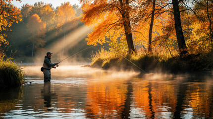 Obraz premium Man fishes upstream in misty autumn river at sunrise. Golden light shines through trees onto calm water. Person stands knee-deep, casting line. Serene nature scene.