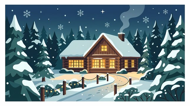 Cozy Log Cabin in Snowy Winter Forest at Night.