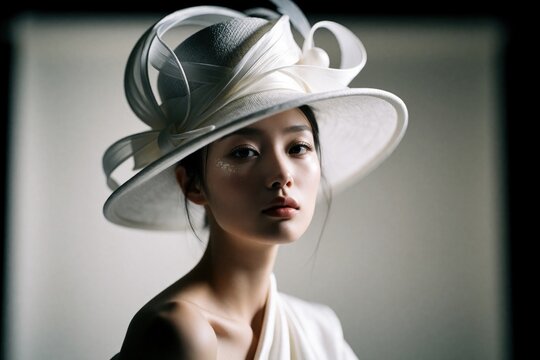 Woman wears oversized avant-garde hat. Fashion model poses in studio, soft light accentuates her face. Elegant headwear for haute couture or special event attire.