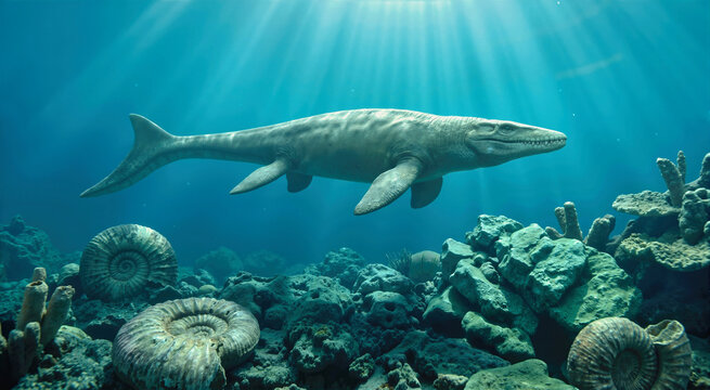 Realistic mosasaur swimming over an ancient coral reef. Prehistoric marine reptile and ammonite shells underwater with bright sunbeams. Dinosaur era ocean ecosystem
