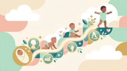 Fototapeta premium Stages of infant development from newborn to standing, highlighting milestones in gross and fine motor skills.