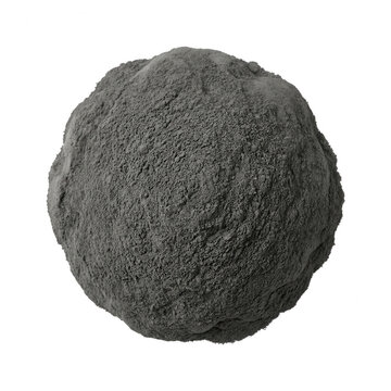 Una esfera de polvo de carb&oacute;n gris oscuro o ceniza compactada aislada sobre un fondo blanco puro, vista cenital de una bola de materia granulada con textura rugosa y org&aacute;nica.
