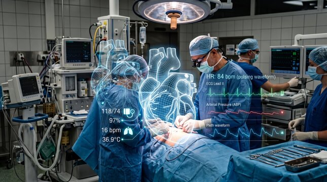 Surgical team performs a cardiac operation with digital heart visualization in a modern operating room. Concept of advanced cardiology, medical imaging and healthcare technology.