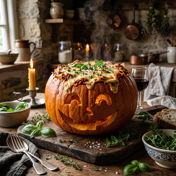 Baked pasta served inside a carved Halloween pumpkin bowl.