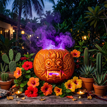 Balinese mask carved pumpkin with purple smoke.