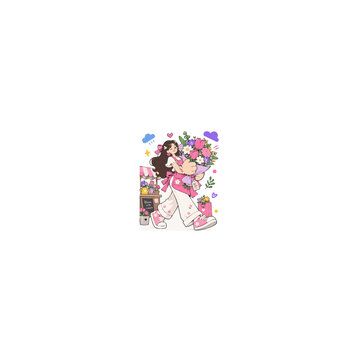 Adorable kawai flower shop Girl holding a large bouquet with exaggerated proportions