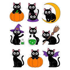 Naklejka premium Cute Black Cats with Pumpkins, Witch Hats and Halloween Elements
