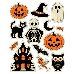 Fototapeta premium Halloween Icons with Pumpkin Ghost Witch Cat Skeleton Haunted House and Bat