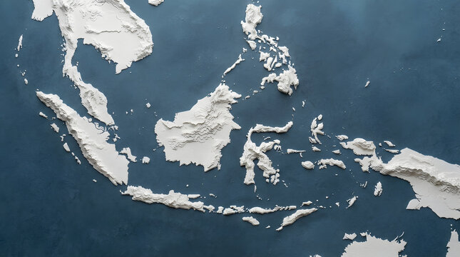 3D textured map of Southeast Asia on blue background