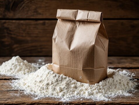 Bag of flour spills onto rustic wooden table creating piles of white powder. Brown paper packaging sits in ingredient mound ready for baking or cooking at home.