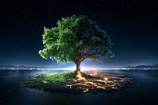 Ecological Balance The Tree Divided Between Life and Death, A Visual Metaphor for Our Environment