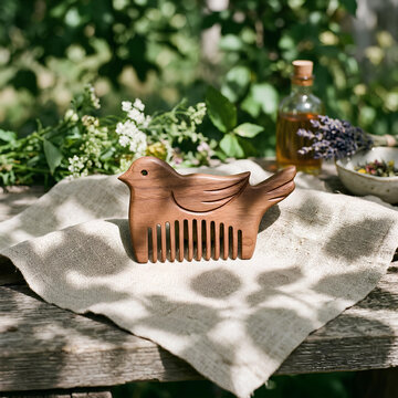 Bird-shaped wooden comb on linen cloth outdoors.