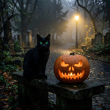 Black cat and carved pumpkin in spooky night graveyard.