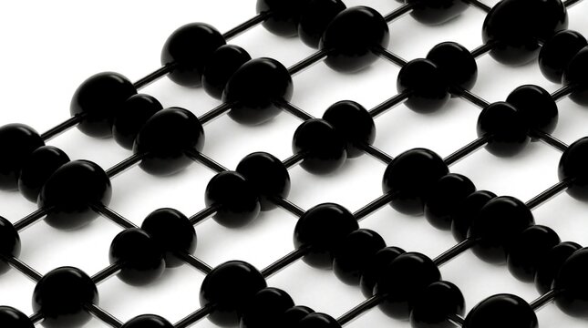 Geometric pattern of black abacus beads on white background. These elements symbolize counting calculation logic and math education. Modern design abstract science concept.