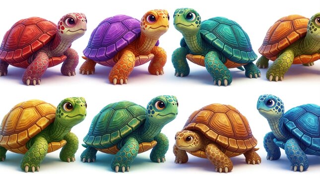Group of cute cartoon turtles walk on white surface. Various colorful sea animals with patterned shells and big eyes in playful poses. Diverse small reptiles for kids content.