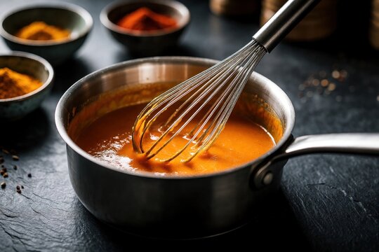 Chef whisks orange sauce in small stainless steel saucepan on dark stone kitchen counter. Close up of cooking process with spices in bowls background. Homemade culinary preparation involves stirring