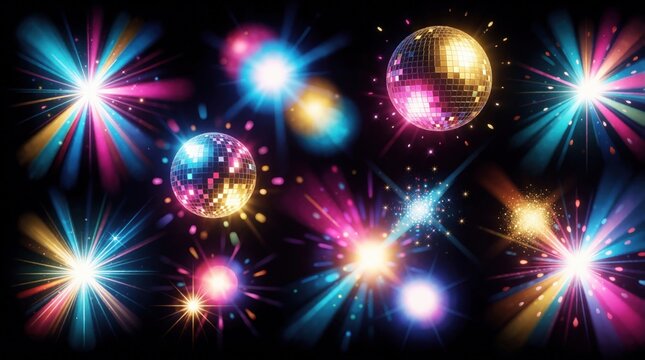 Bright disco balls shine with colorful neon light beams. Sparkly laser rays, glowing flares explode in dark nightclub atmosphere. Abstract party lights create festive disco effect with pink blue,