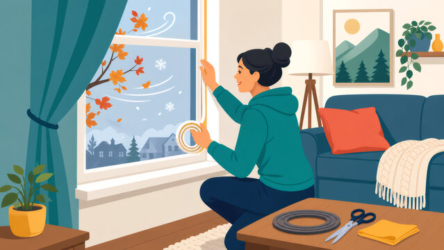 Woman applying weatherstripping to window frame, insulating home for winter, saving energy and improving thermal efficiency