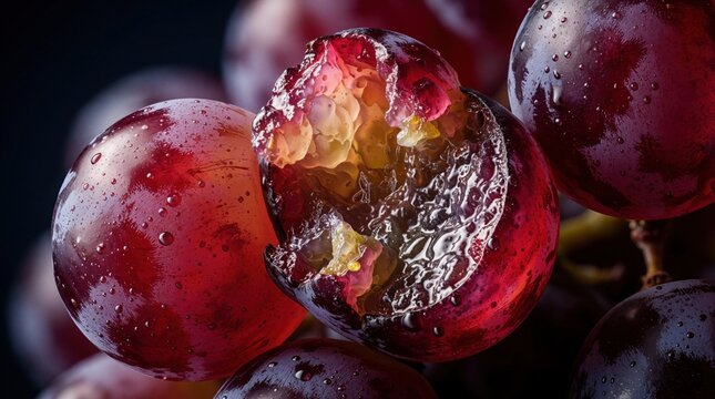 Macro view of red juicy grapes with water drops. Close up of ripe fruit skin showing texture, fermentation bubbles. Fresh organic vineyard crop details. Sweet purple berries burst with liquid during