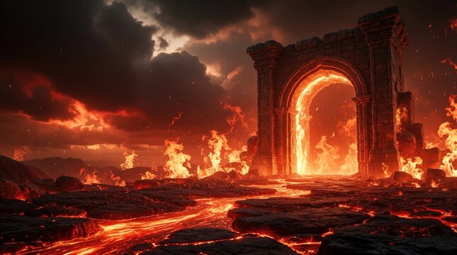 Ancient stone archway opens to hellish landscape with molten lava rivers and fiery skies. Dark clouds swirl above a desolate volcanic terrain filled with infernal flames and burning embers.