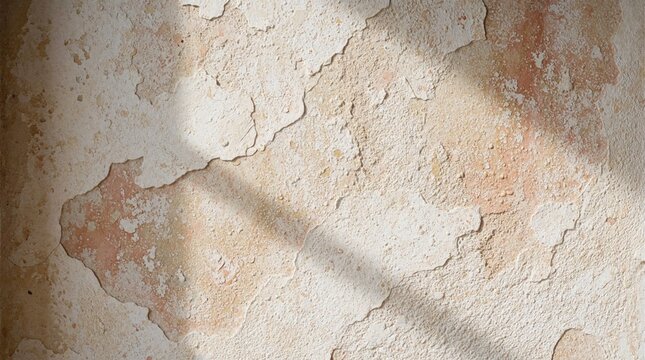 Venetian plaster wall with textured lime finish. Old rustic surface shows peeling paint, aged stucco texture. Cream, peach tones create elegant background for interior design. Decorative masonry