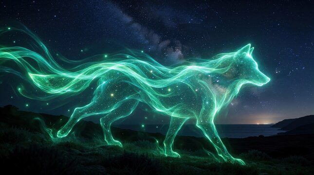 Luminous green cosmic wolf spirit embodies celestial energy flowing across night sky above dark coastline with starlit ocean waves and distant city lights from hidden harbor