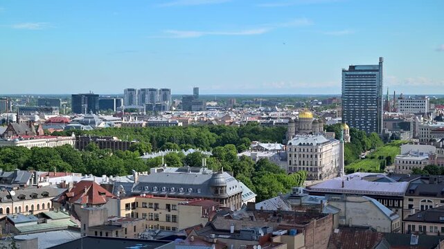 Aerial cityscape view of Riga, Latvia panning right