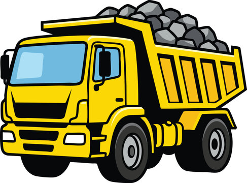 Dump Truck Vector Illustration of Yellow Construction Vehicle Hauling Rocks for Kids Design Project