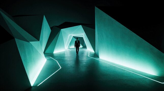 Person walks through illuminated path of abstract green forms at night. Neon outlines trace stepped pattern on dark terrain. Figure journeys into glowing tunnel between prismatic structures. Ethereal