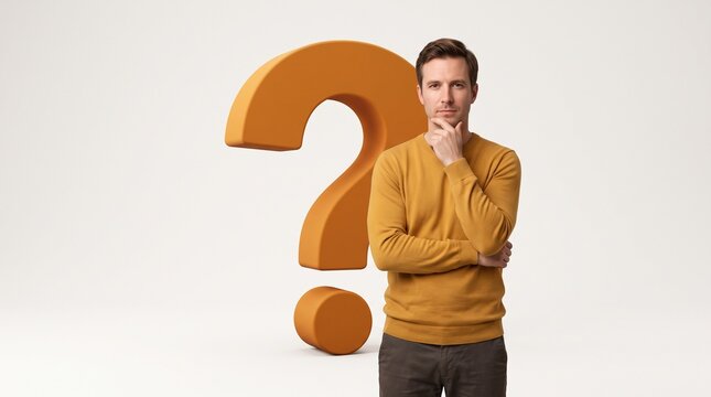 Thoughtful young man standing and pondering next to an oversized orange question mark on white background
