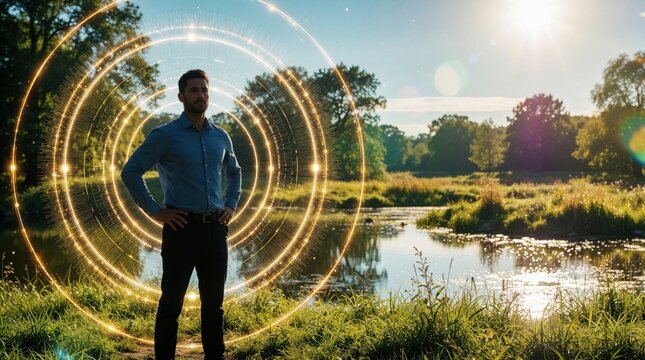 Man stands in nature with glowing digital rings. Abstract concept of self identity, ego, and mind. Technology and individual psychology blend.