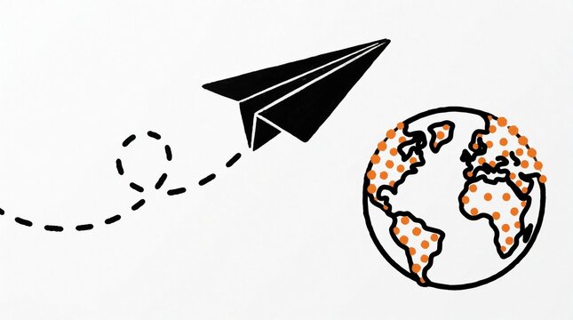 Paper airplane flies around earth globe with dashed line trail. Minimalist doodle illustration shows global travel concept. Simple black plane moves across world map with orange dots. Creative symbol