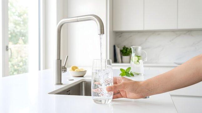A person holding a clear glass under a modern kitchen faucet while fresh water pours into.